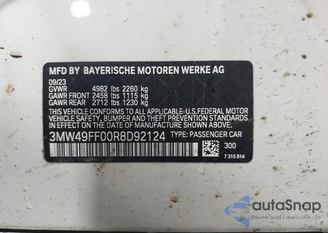 2024 BMW M340I M340I xDrive from USA, damaged, VIN 3MW49FF00R8D92124